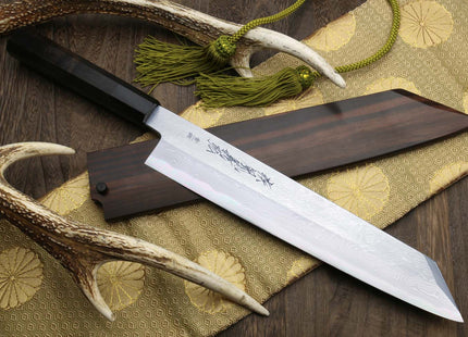 Yoshihiro Suminagashi Blue Steel #1 Kiritsuke Multipurpose Japanese Chef Knife Ebony wood Handle & Saya