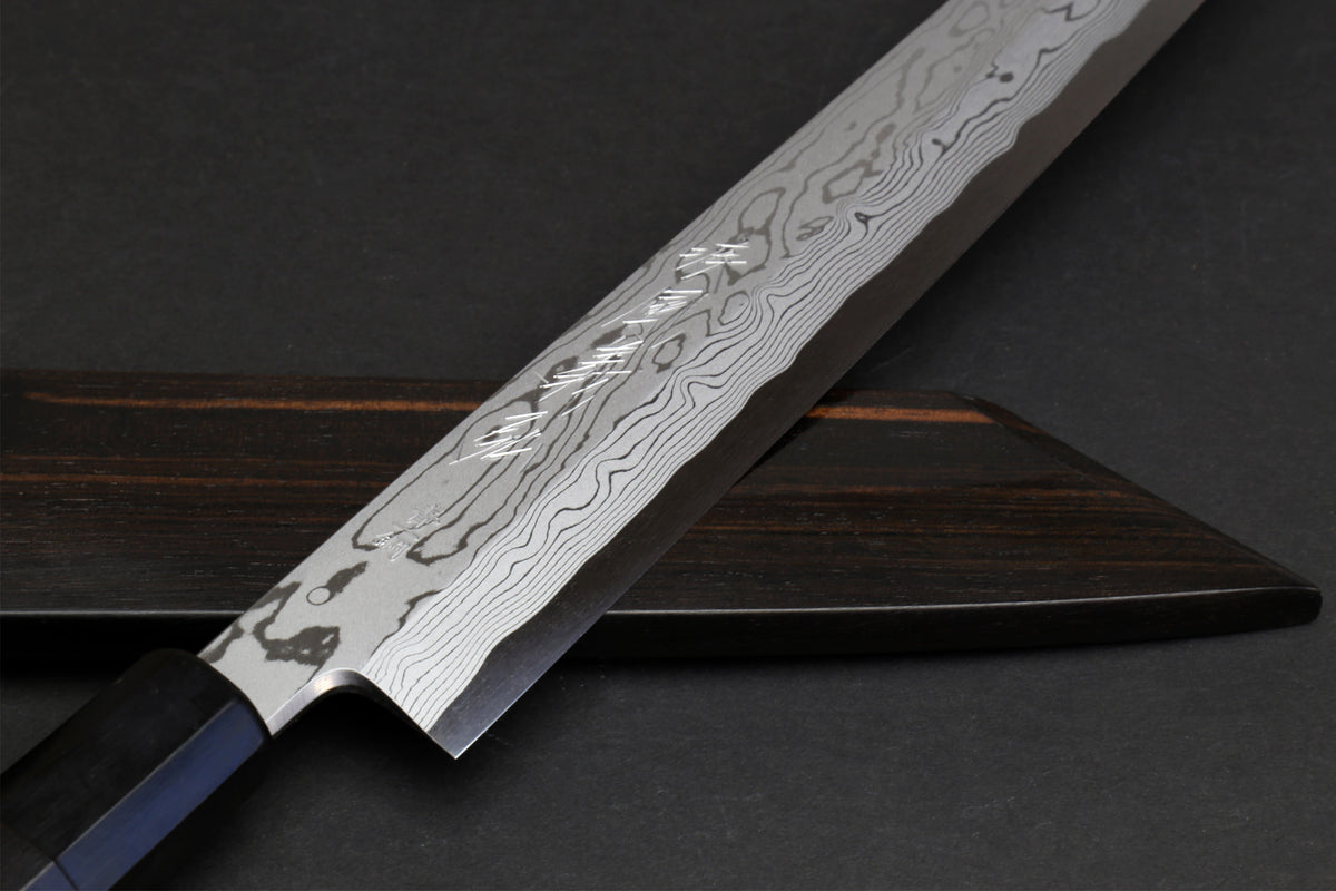 Yanagi kiritsuke sushi knife with Damascus blade and ebony handle