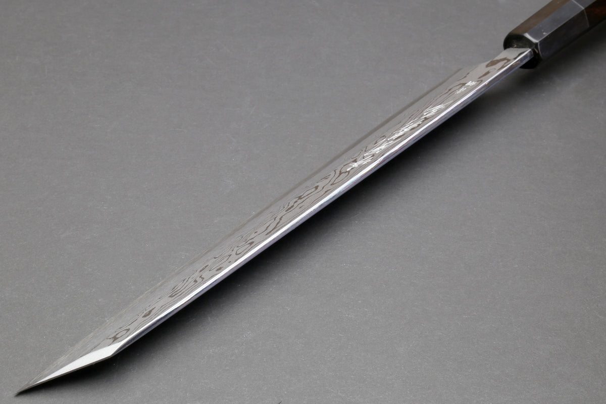 Japanese yanagi sushi knife, long pointed blade with damascus pattern