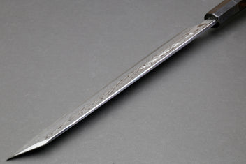 Japanese yanagi sushi knife, long pointed blade with damascus pattern
