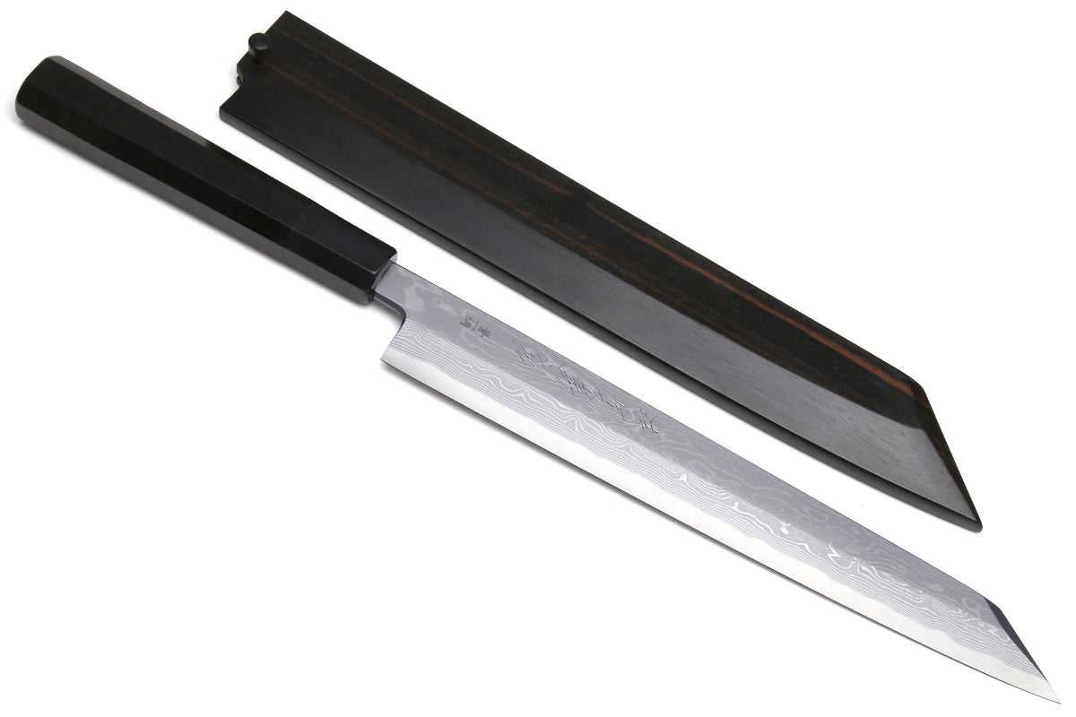 Japanese yanagi sushi knife with ebony handle and black sheath, pointed damascus blade