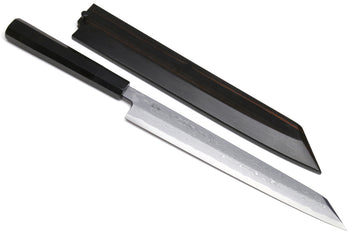 Japanese yanagi sushi knife with ebony handle and black sheath, pointed damascus blade