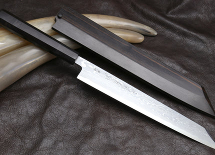 Yoshihiro Suminagashi Blue Steel #1 Yanagi Kiritsuke Sushi Sashimi Japanese Knife Ebony Handle with Saya