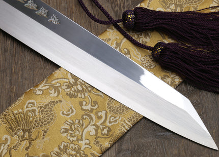 Yoshihiro SVG-10 Semi-Stainless Steel Mirror Finished Single Edged Kiritsuke Multipurpose Japanese Knife Ebony Handle with Sterling Silver Ring