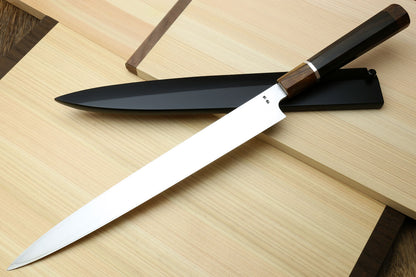 Yoshihiro SVG-10 Semi-Stainless Steel Mirror Finished Yanagi Sushi Sashimi Japanese Knife Ebony Handle with Sterling Silver Ring