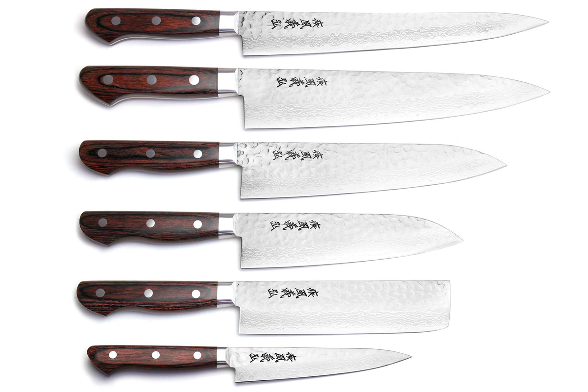 Set of six Damascus kitchen knives with dark wood handles
