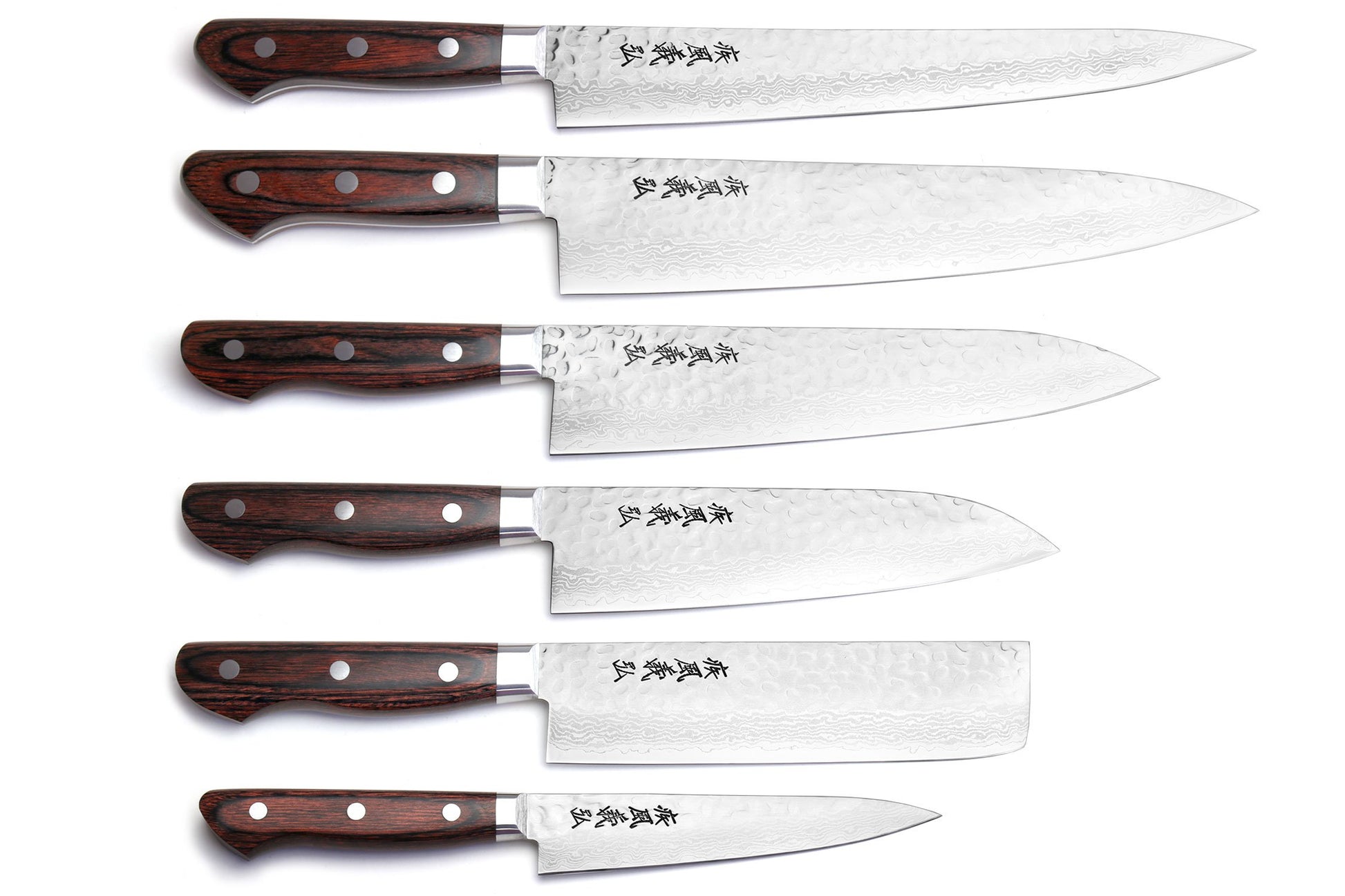 Yoshihiro VG-10 Damascus Knife 6PC Set (2 Gyuto, Petty, Sujihiki, Santoku, Nakiri)