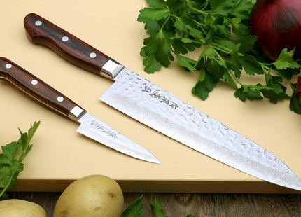 Yoshihiro VG-10 16 Layer Hammered Damascus Stainless Steel Gyuto and Paring Knife Set
