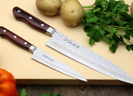 Yoshihiro VG-10 16 Layer Hammered Damascus Stainless Steel Gyuto and Petty Knife Set