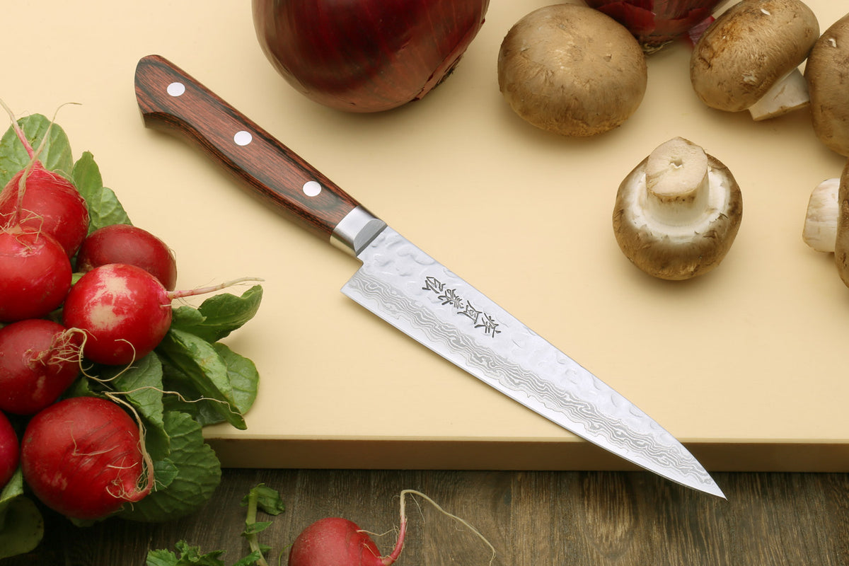 Damascus stainless gyuto and petty knives with dark red handles