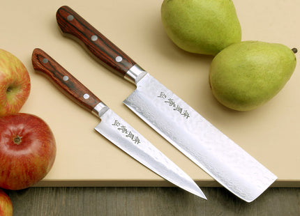 Yoshihiro VG-10 16 Layer Hammered Damascus Stainless Steel Nakiri and Petty Knife Set
