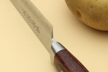 Petty knife blade close-up with etched damascus pattern and dark wood handle