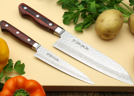 Yoshihiro VG-10 16 Layer Hammered Damascus Stainless Steel Santoku and Petty Knife Set