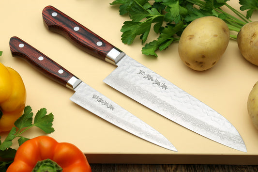 Yoshihiro VG-10 16 Layer Hammered Damascus Stainless Steel Santoku and Petty Knife Set