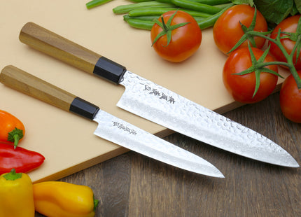 Yoshihiro VG-10 46 Layers Hammered Damascus Gyuto (210mm/240mm) Petty (150mm) Ambrosia Handle Chefs Knife Set