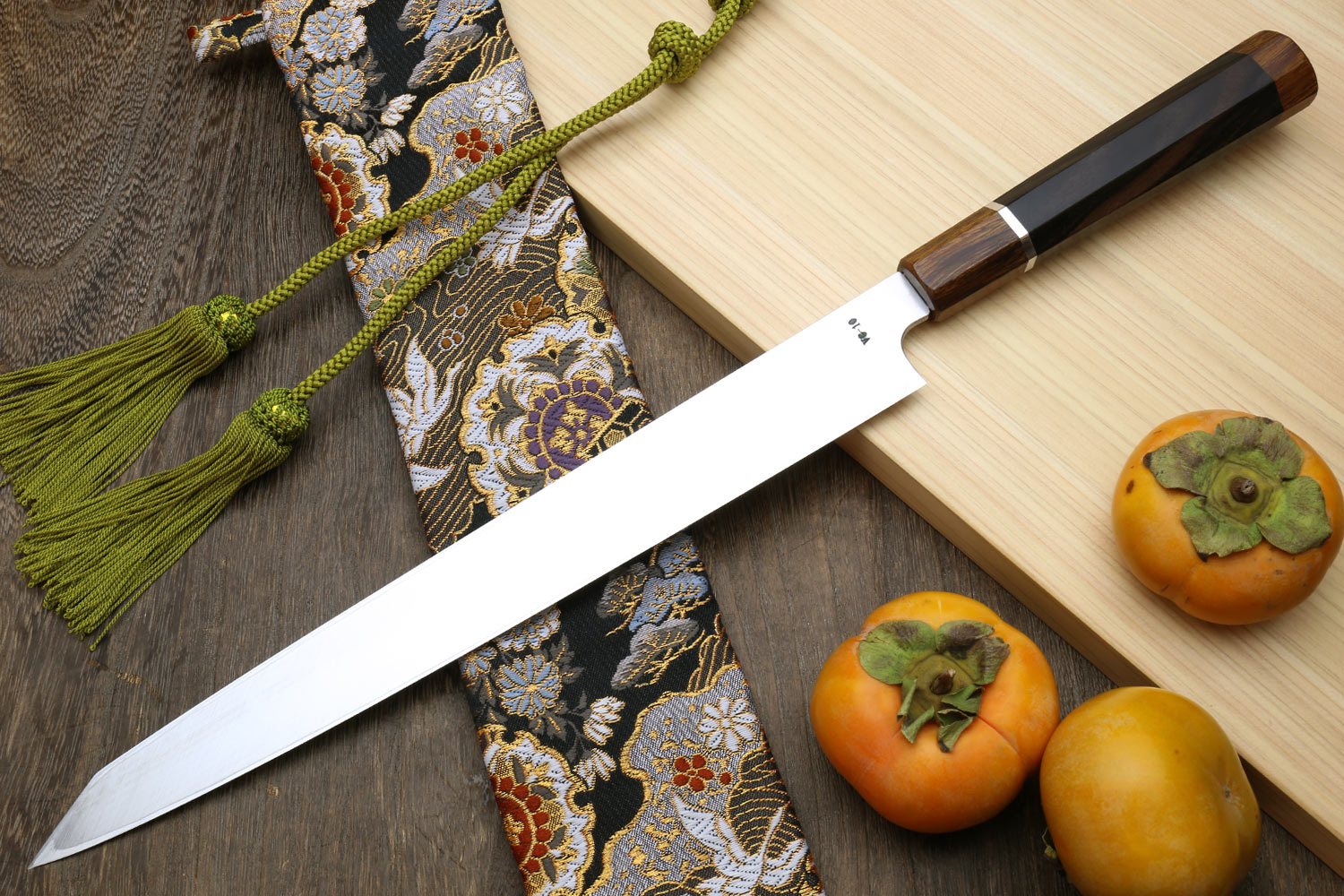 Yoshihiro VG-10 Stainless Steel Mirror Finished Yanagi Kiritsuke Sushi Sashimi Japanese Knife with Ebony Handle Sterling Silver Ring and  Nuri Saya Cover